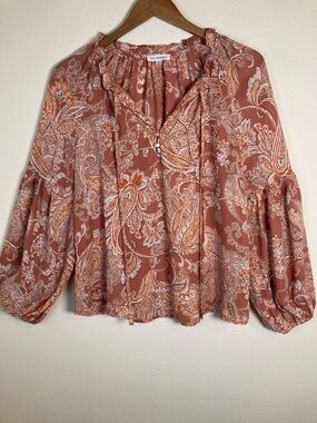 Blu Pepper Boho Paisley Blouse Dusty Rose Ruffle Tie Neck Flowy Top  L